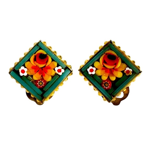 Micro Mosaic Floral Gold Green Clip On Earrings Vintage Romantic Italy Italian - Picture 1 of 9